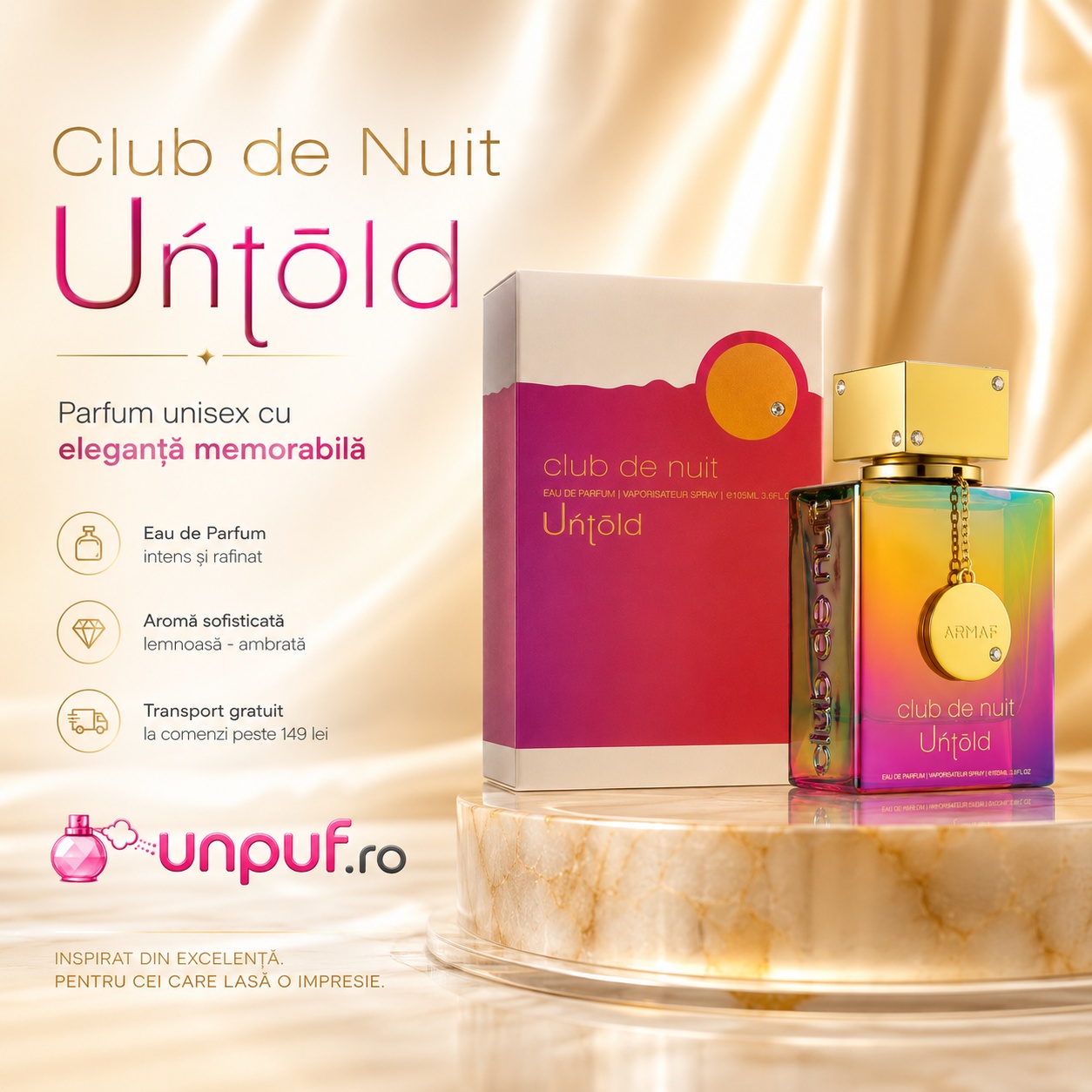 Club De Nuit Untold Armaf parfum unisex cu eleganță memorabilă, aromă sofisticată lemnoasă ambrată și transport gratuit la comenzi eligibile