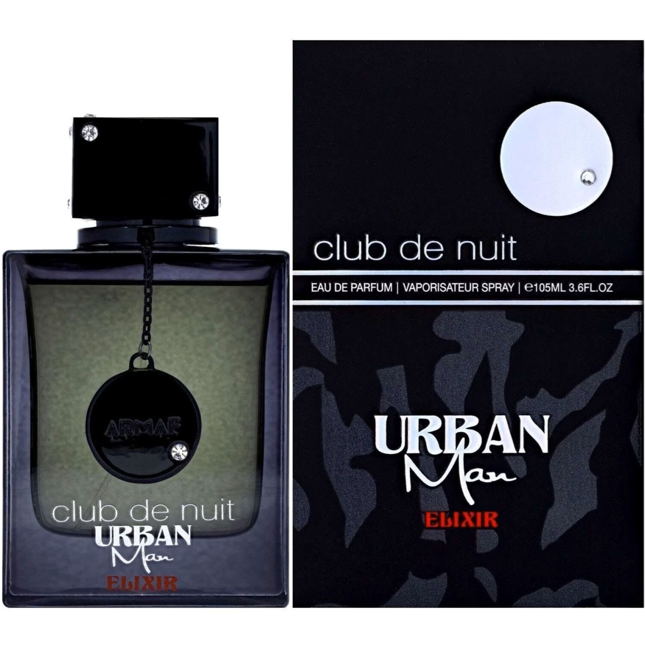 Cutie originală Club De Nuit Urban Man Elixir Armaf 105 ml și flacon negru fumuriu cu medalion Armaf