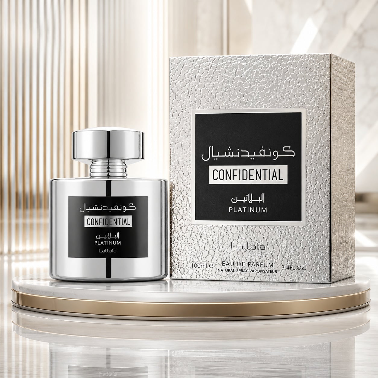 Parfum Arăbesc Confidential Platinum Lattafa 100 ml cu sticlă argintie și cutie premium