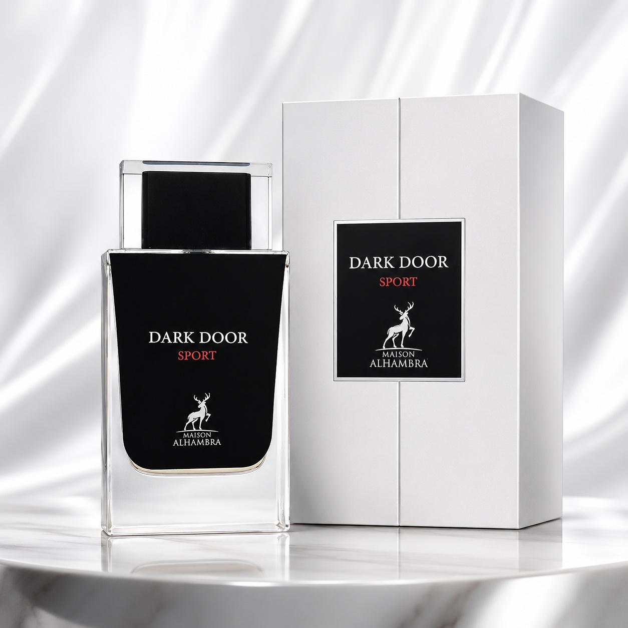Parfum Arăbesc Dark Door Sport Maison Alhambra 100 ml cu sticlă neagră și cutie albă premium