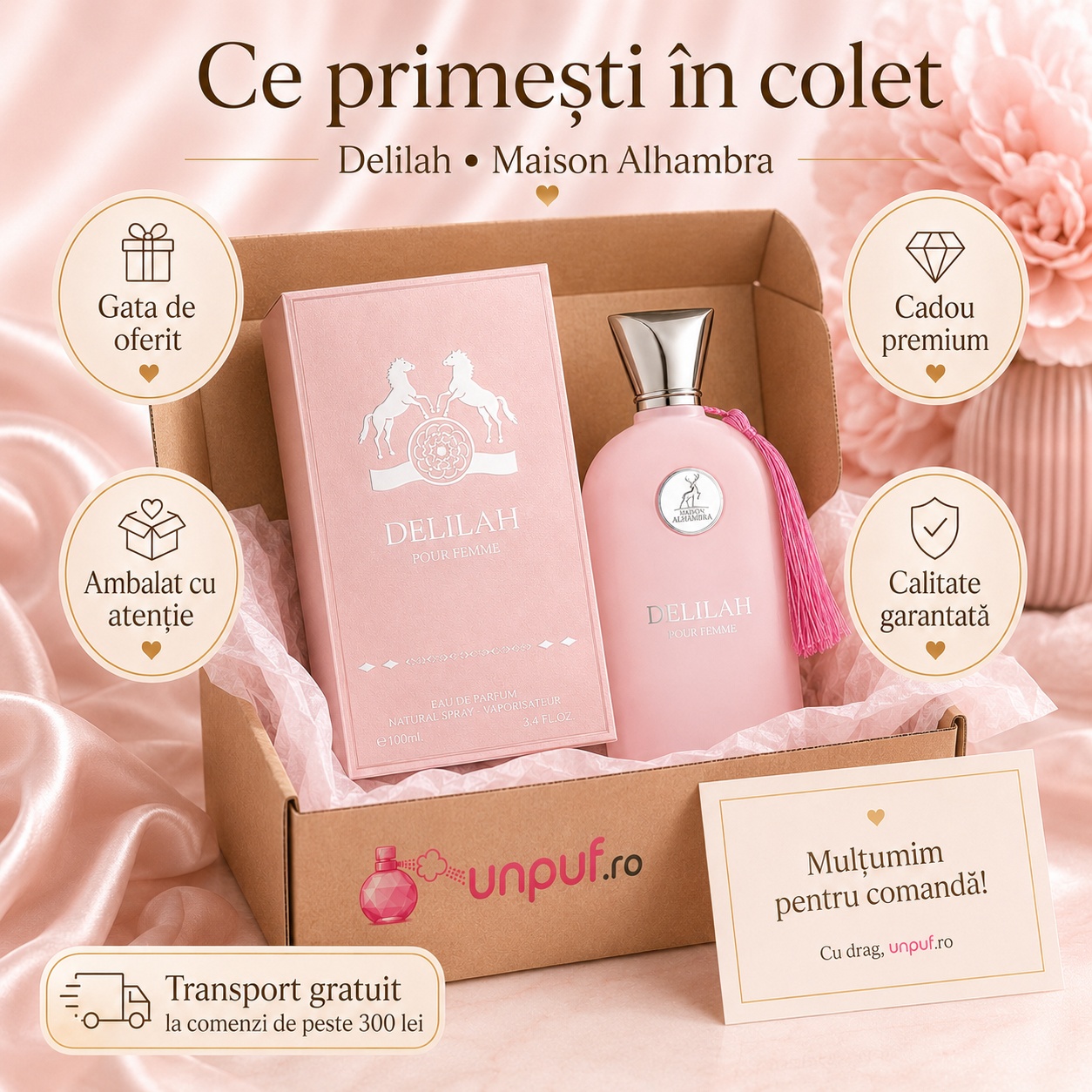 Colet parfum Delilah Maison Alhambra ambalat cu atenție, cadou premium și card de mulțumire unpuf.ro