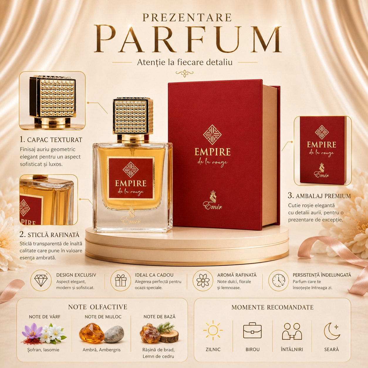 Prezentare Empire De La Rouge Emir cu capac texturat, sticlă rafinată, ambalaj premium, aromă rafinată și persistență &icirc;ndelungată