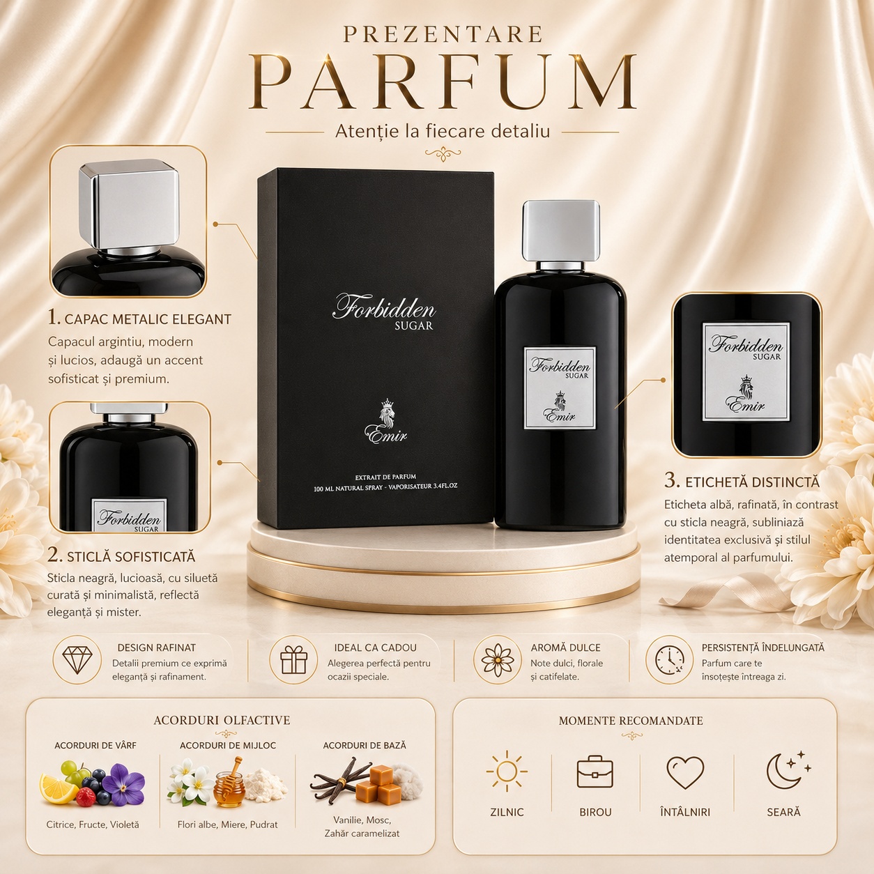 Prezentare Forbidden Sugar Emir cu capac metalic elegant, sticlă sofisticată, etichetă distinctă, aromă dulce și persistență &icirc;ndelungată
