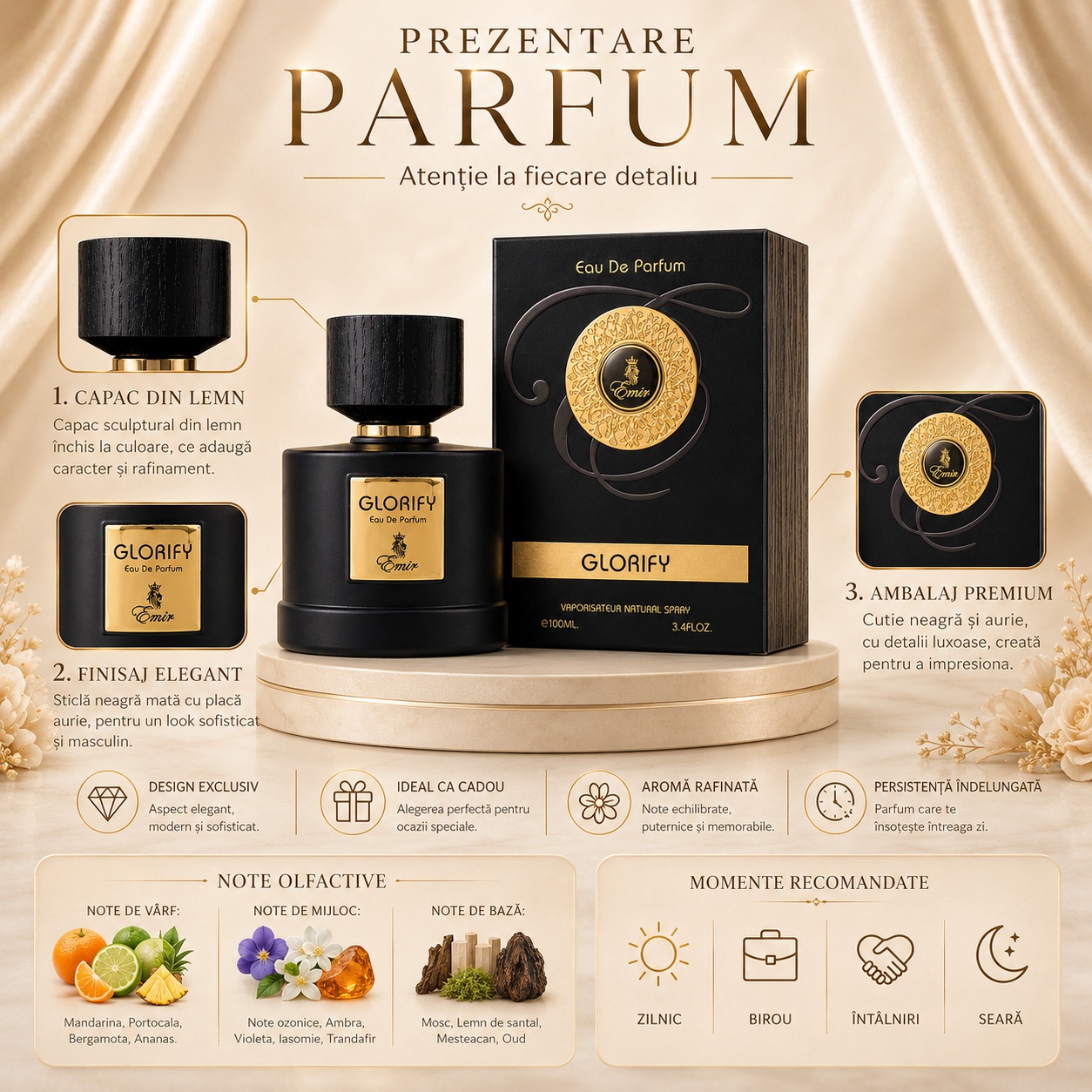Prezentare Emir Glorify cu capac din lemn, finisaj elegant, ambalaj premium, note de mandarină, portocală, bergamotă, ananas, iasomie, trandafir, mosc, santal și oud