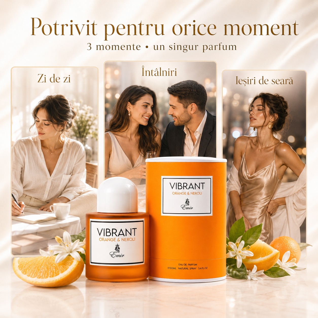 Emir Vibrant Orange And Neroli potrivit pentru zi de zi &icirc;nt&acirc;lniri și ieșiri de seară