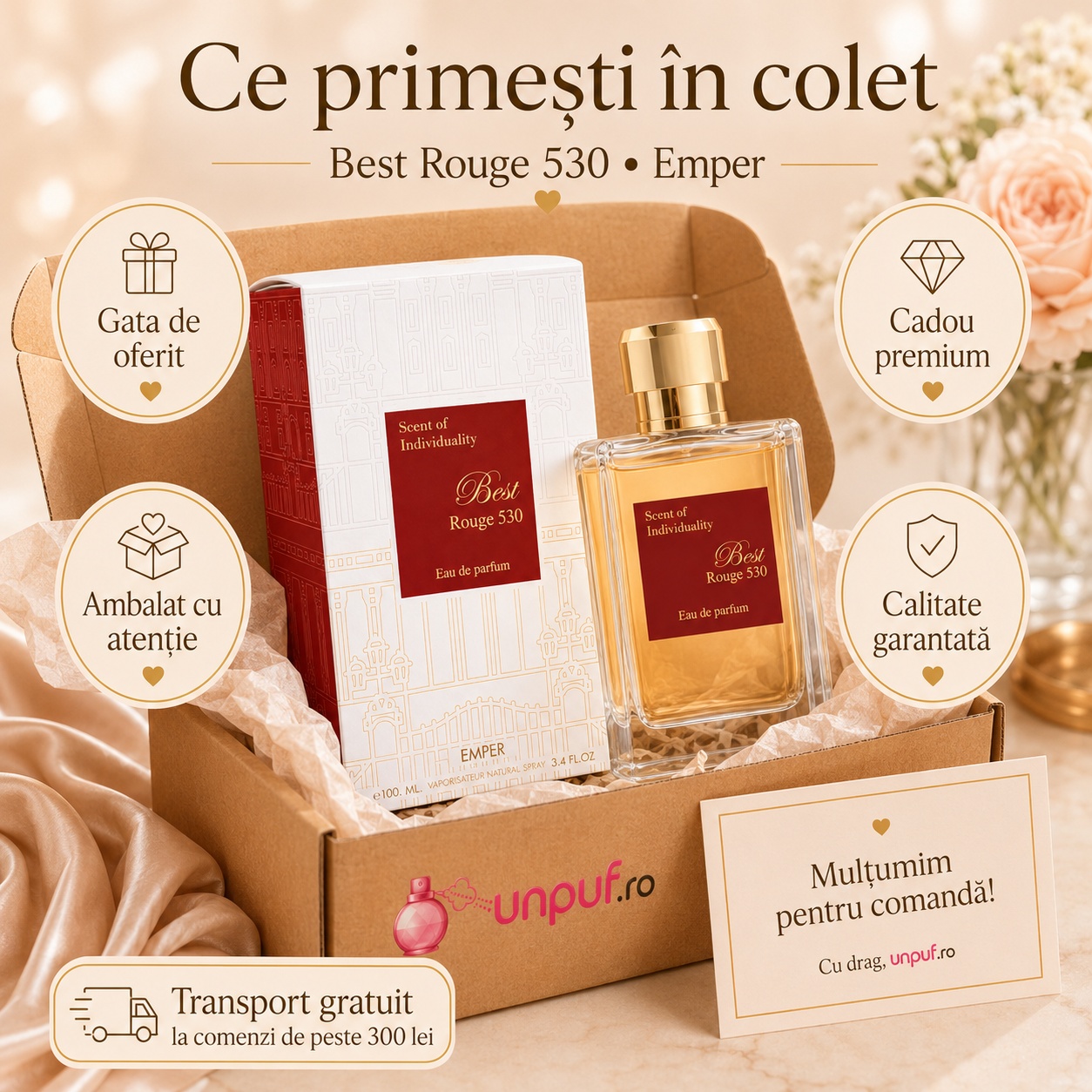 Colet parfum Emper Best Rouge 530 ambalat cu atenție, gata de oferit cadou premium, cu brand unpuf.ro