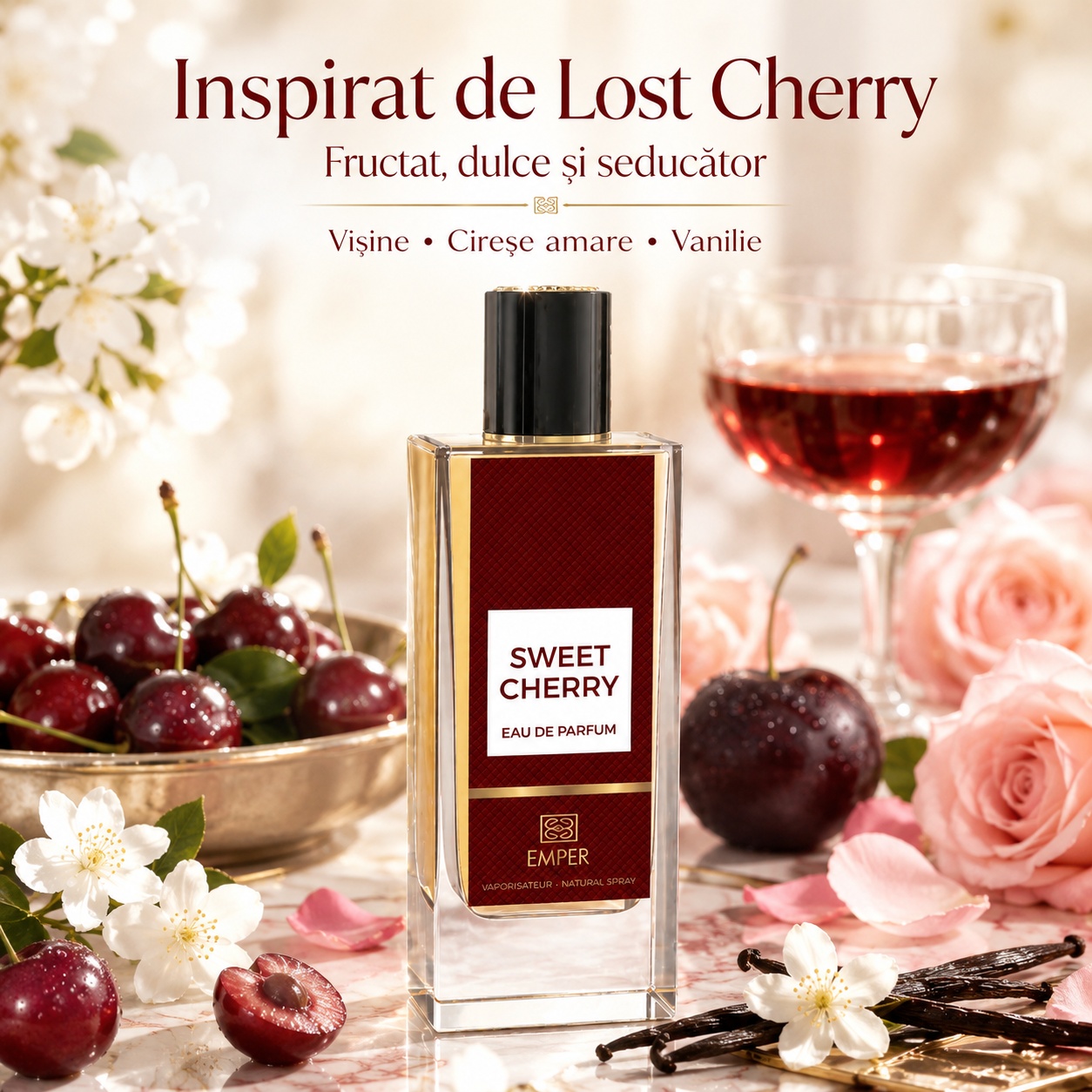 Parfum Sweet Cherry Emper inspirat de Lost Cherry cu vișine, cireșe amare, vanilie, trandafiri și flori albe
