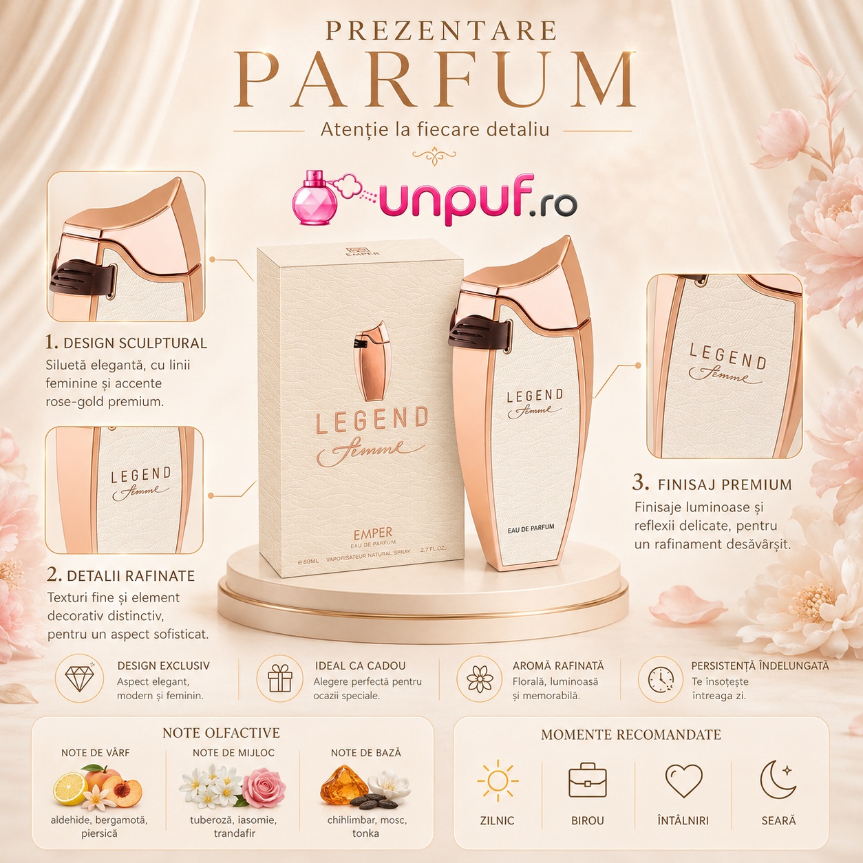 Prezentare parfum Emper Legend Femme cu design sculptural, detalii rose gold, ambalaj premium și note olfactive