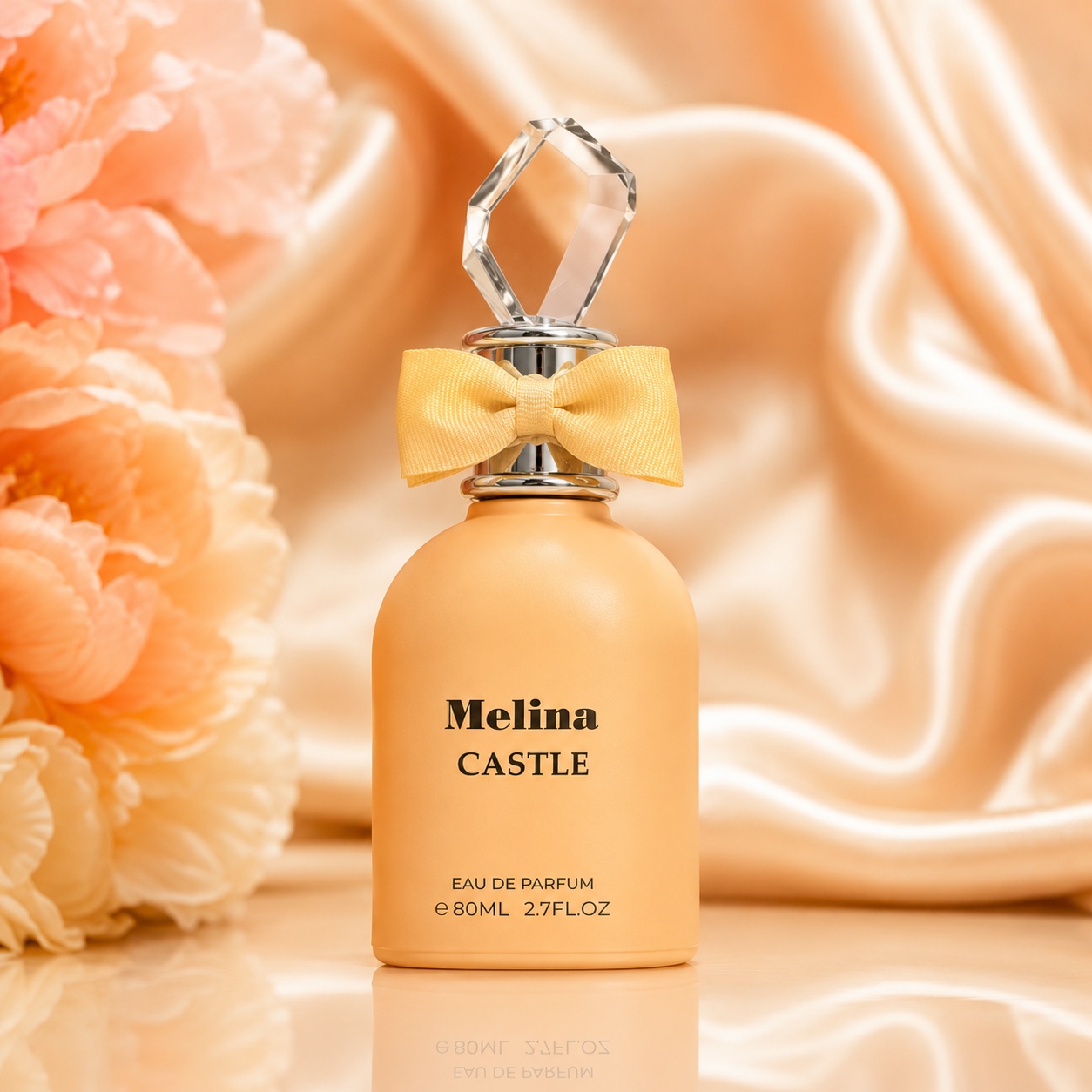 Sticlă parfum Emper Melina Castle 80 ml cu fundiță galbenă delicată și capac bijuterie pe fundal satinat premium