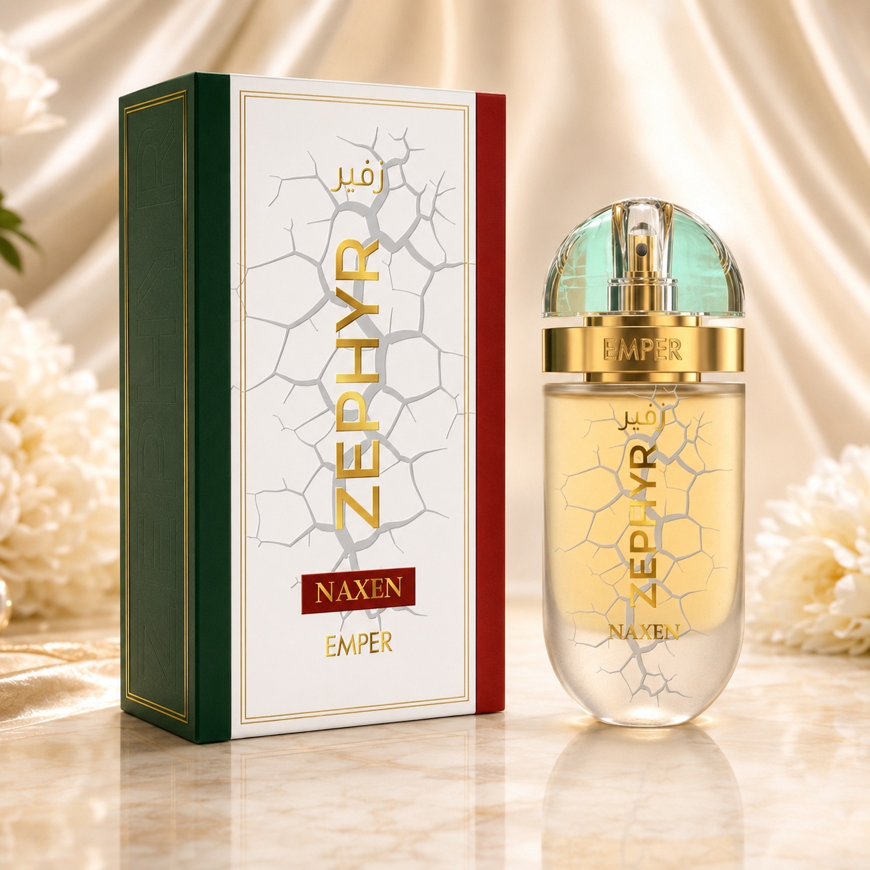 Parfum Arăbesc Emper Zephyr Naxen 100 ml cu sticlă elegantă, lichid auriu, capac verde transparent și cutie premium