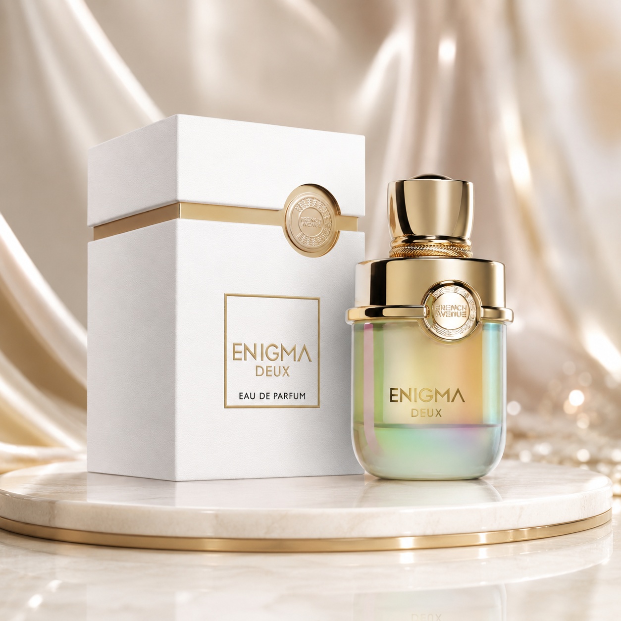 Parfum Arăbesc Enigma Deux Eau de Parfum 100 ml French Avenue cu sticlă irizată aurie și cutie albă premium