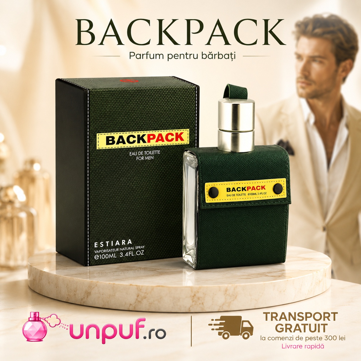 Parfum Estiara Backpack pentru bărbați, design verde urban și ambalaj elegant