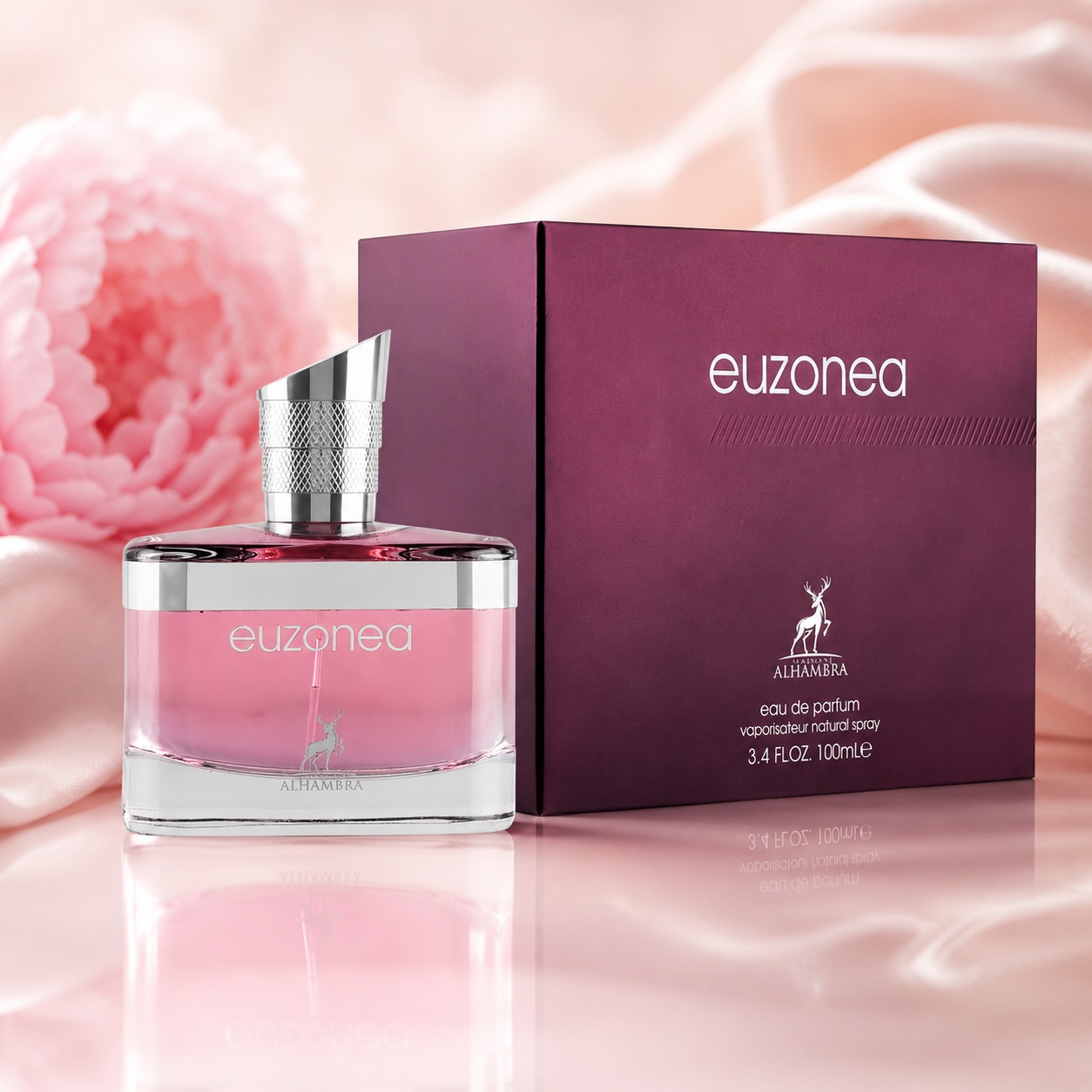 Parfum Arăbesc Euzonea Maison Alhambra 100 ml cu sticlă roz elegantă și cutie mov premium