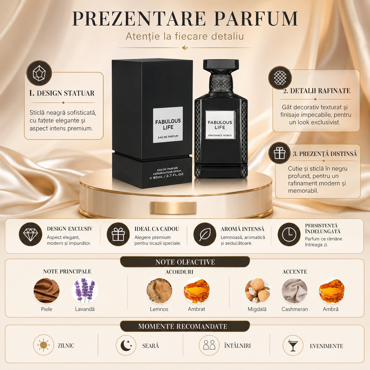 Prezentare Fabulous Life cu design statuar, sticlă neagră sofisticată, detalii rafinate, aromă intensă, persistență &icirc;ndelungată și note de piele, lavandă, migdală, lemnos, ambrat, cașmeran și ambră