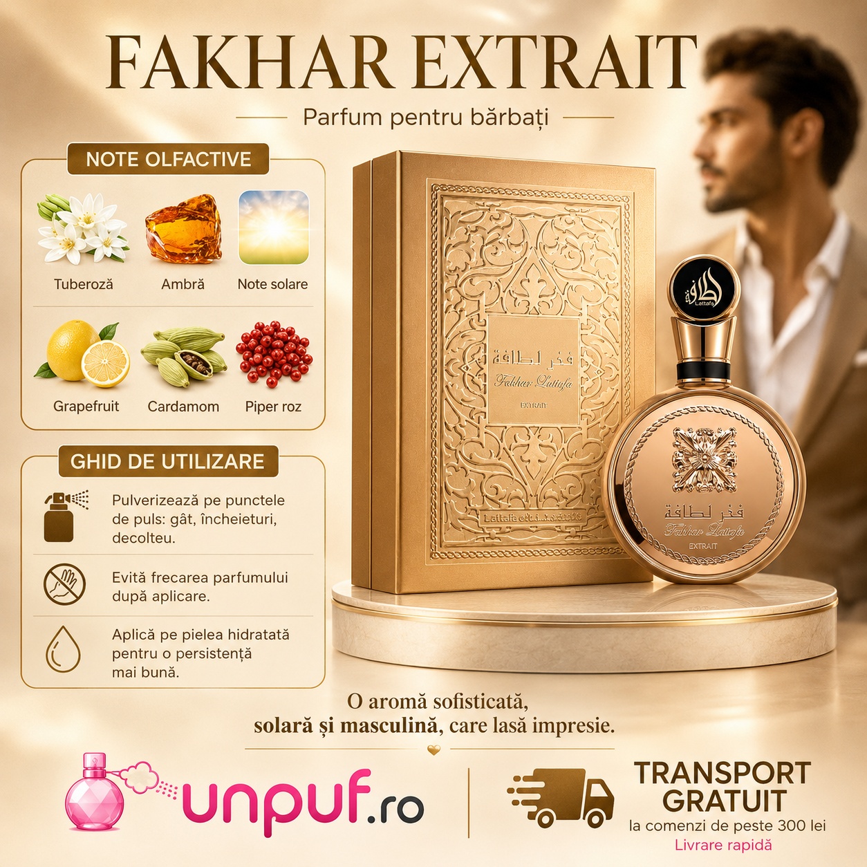 Fakhar Extrait Gold Lattafa Pride parfum pentru bărbați cu note de tuberoză ambră note solare grapefruit cardamom și piper roz
