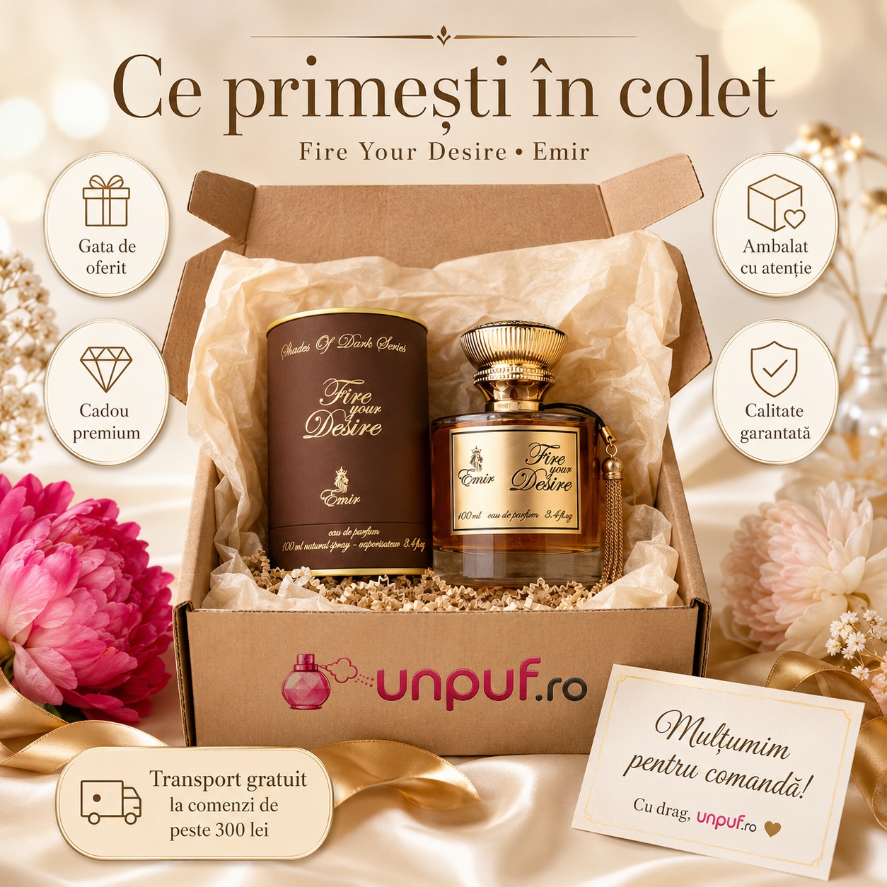 Ce primești &icirc;n colet Fire Your Desire Emir 100 ml parfum original, cutie premium, ambalare atentă, gata de oferit și calitate garantată