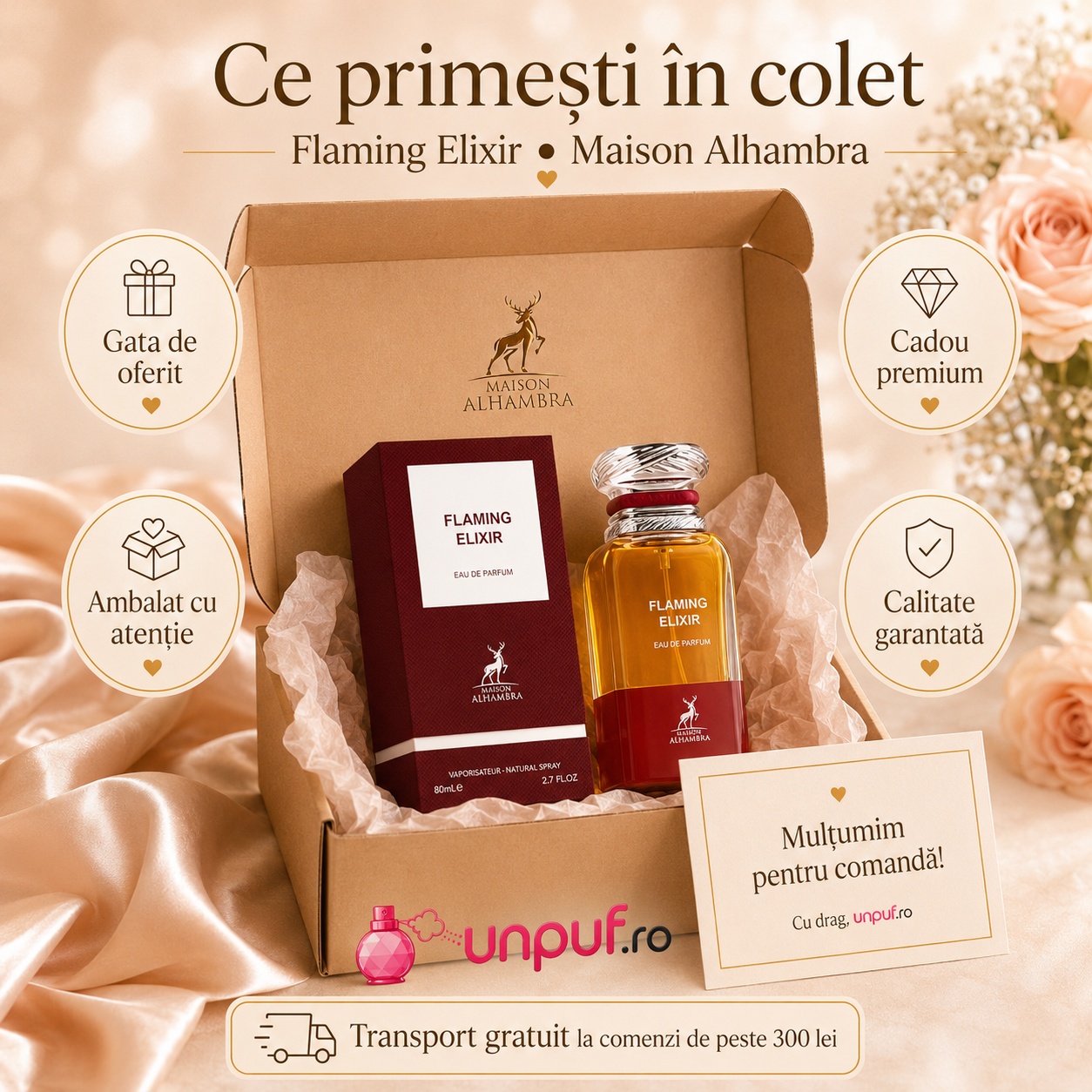 Ce primești &icirc;n colet pentru Flaming Elixir Maison Alhambra, parfum și cutie originală, ambalare atentă unpuf.ro