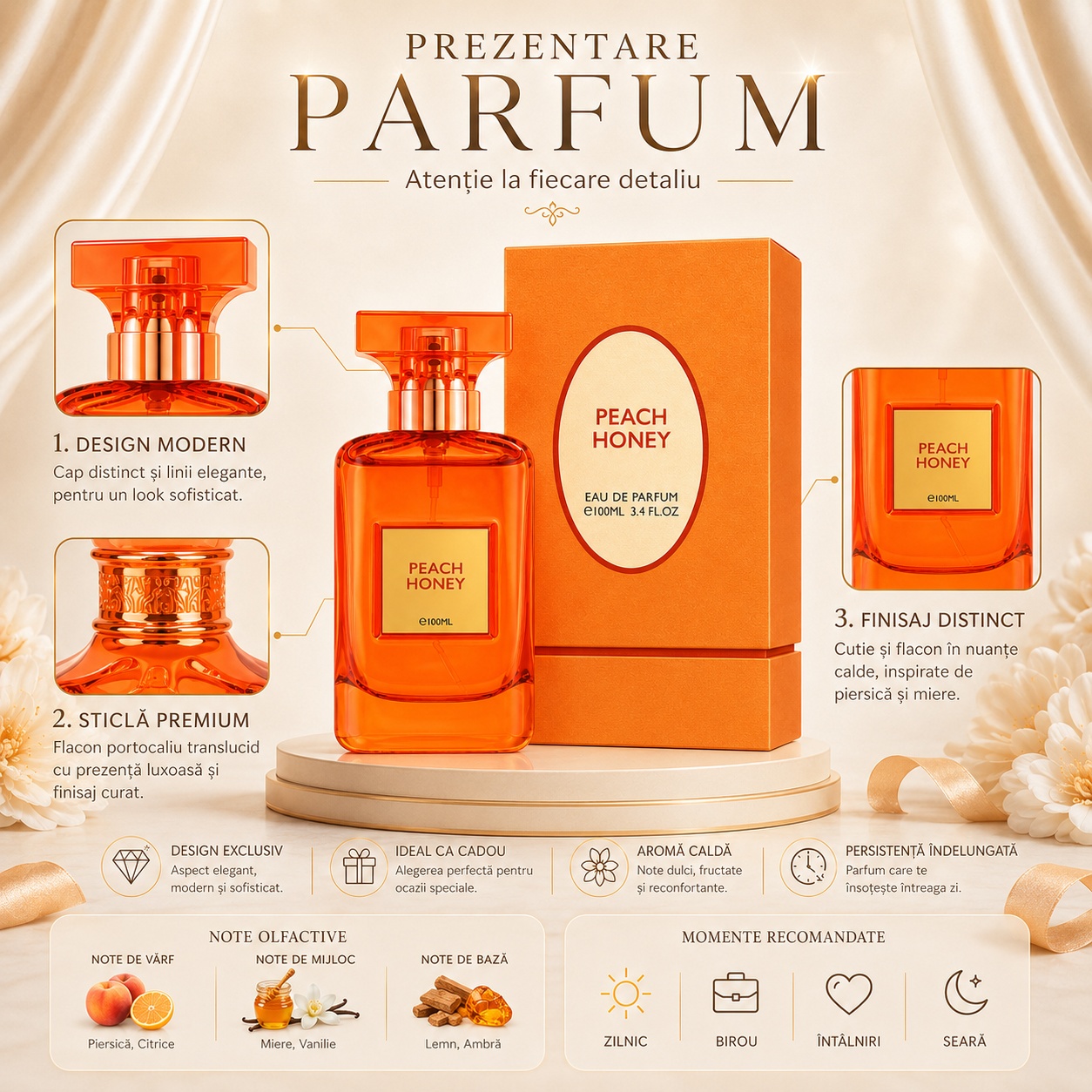 Prezentare parfum Flavia Peach Honey cu flacon portocaliu, cutie premium, note olfactive și momente recomandate