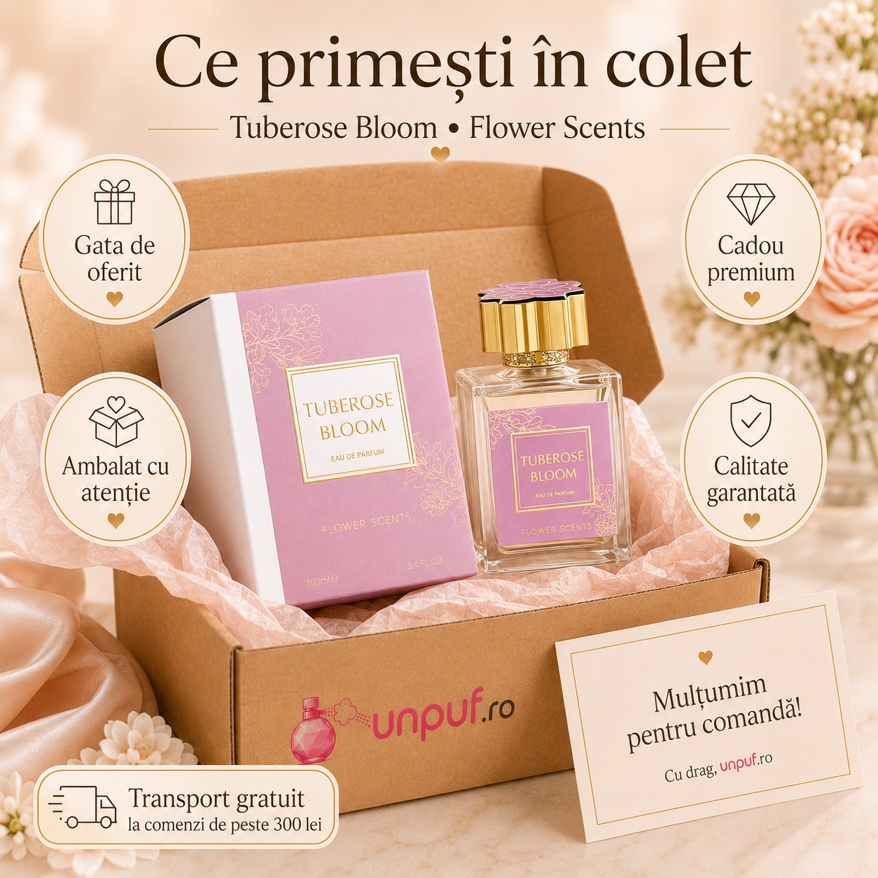 Ce primești în colet la parfumul Flower Scents Tuberose Bloom, ambalaj premium UnPuf.ro