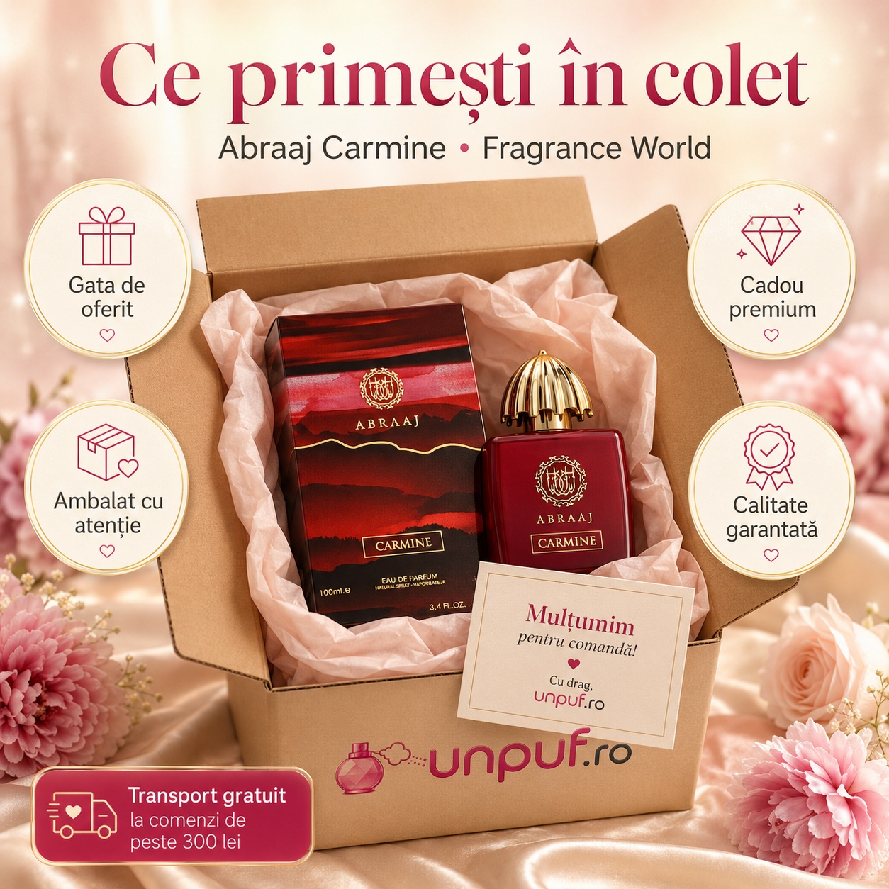 Ce primești &icirc;n colet Abraaj Carmine Fragrance World 100 ml parfum unisex ambalat cu atenție cadou premium
