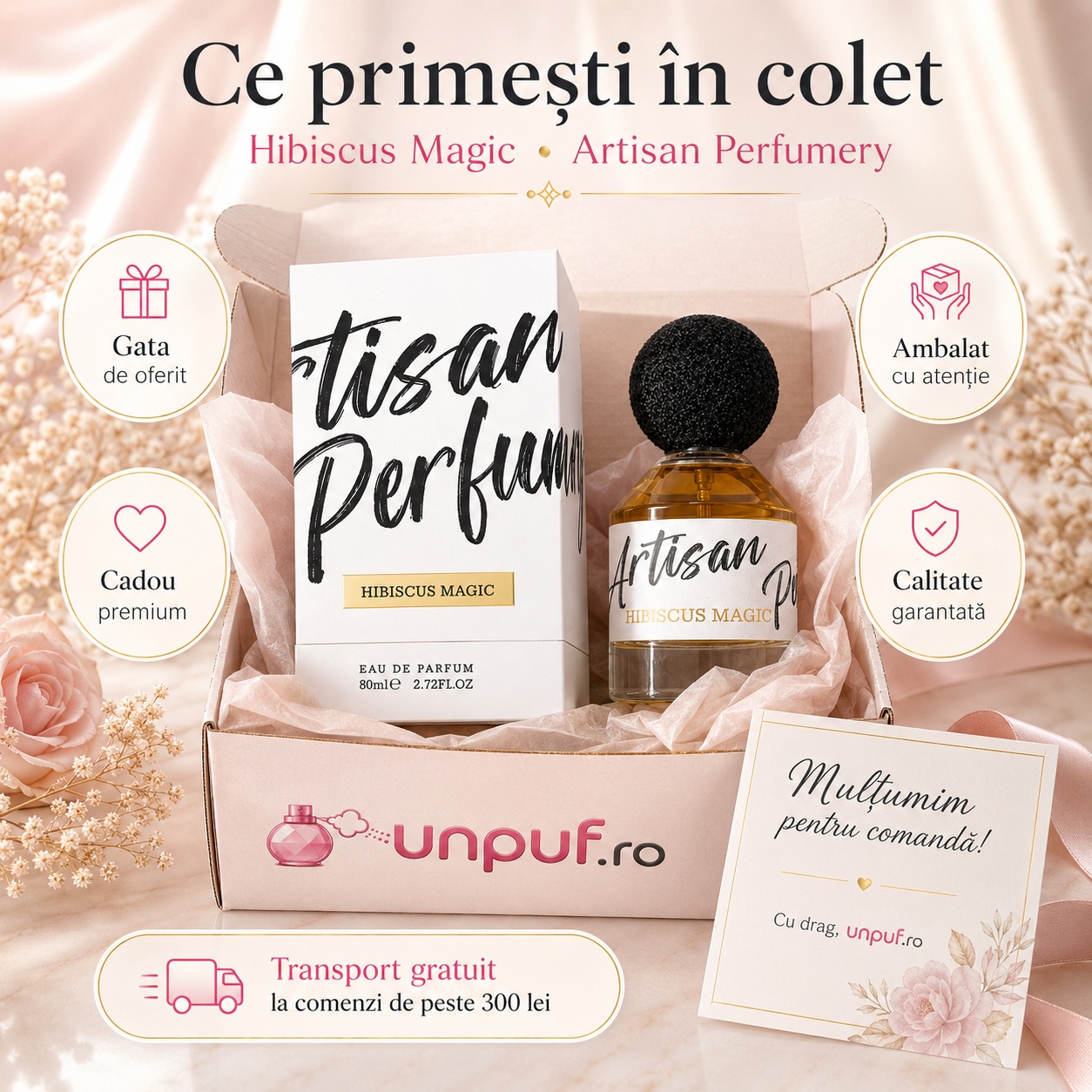 Ce primești &icirc;n colet Hibiscus Magic Fragrance World 80 ml parfum unisex ambalat cu atenție cadou premium