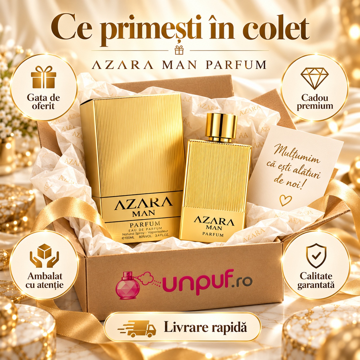 Ce primești în colet Fragrance World Azara Man Eau de Parfum 100 ml ambalat premium pentru cadou