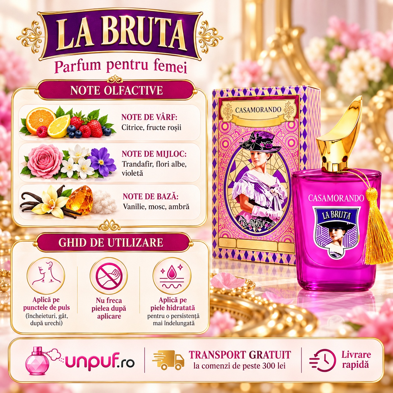 Note olfactive Casamorando La Bruta cu citrice trandafir violete vanilie mosc și ambră