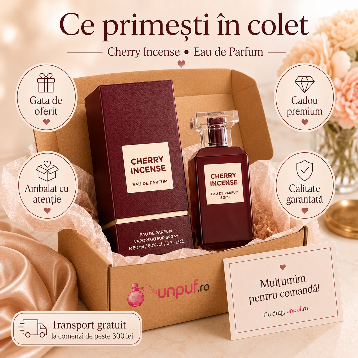 Ce primești în colet la Fragrance World Cherry Incense, ambalaj premium UnPuf.ro și prezentare cadou
