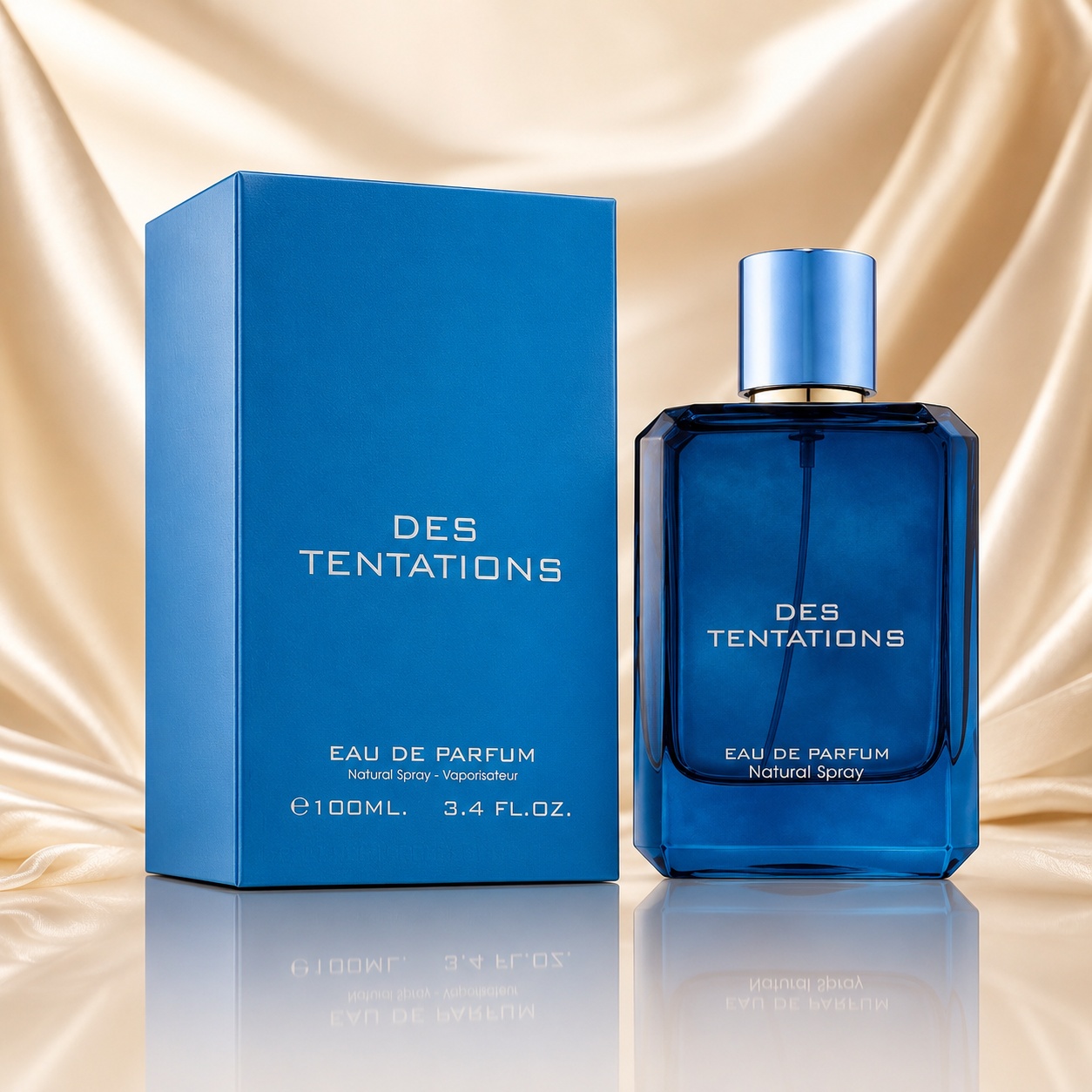 Parfum Arăbesc Fragrance World Des Tentations 100 ml cu flacon albastru și cutie elegantă
