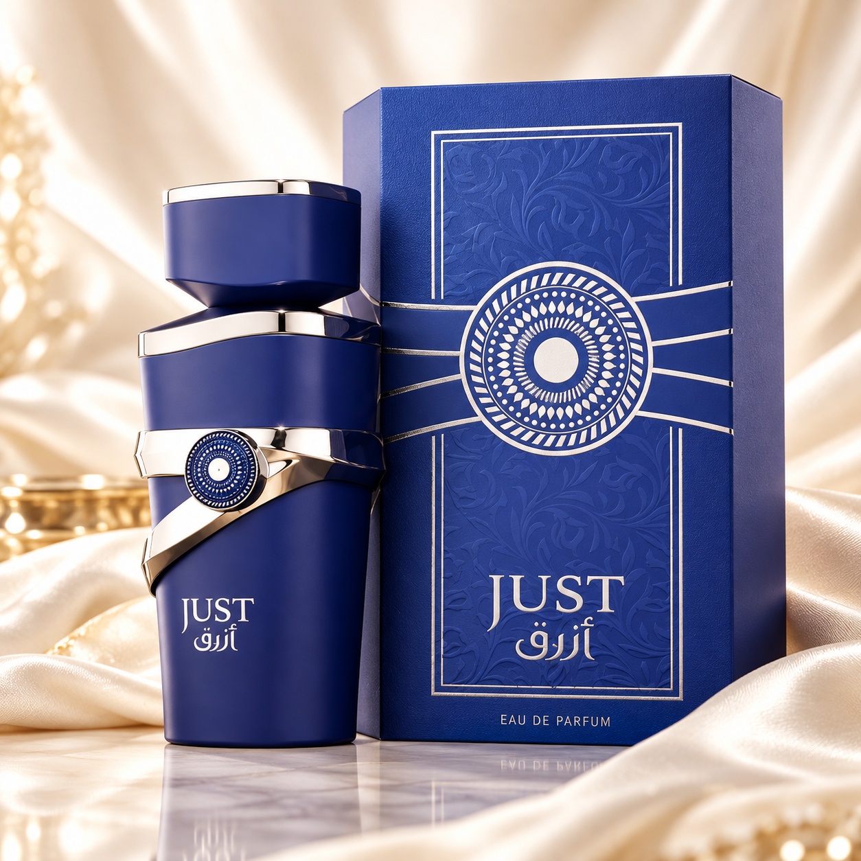 Fragrance World Just Azraq Eau de Parfum 100 ml parfum bărbătesc cu flacon albastru și cutie premium