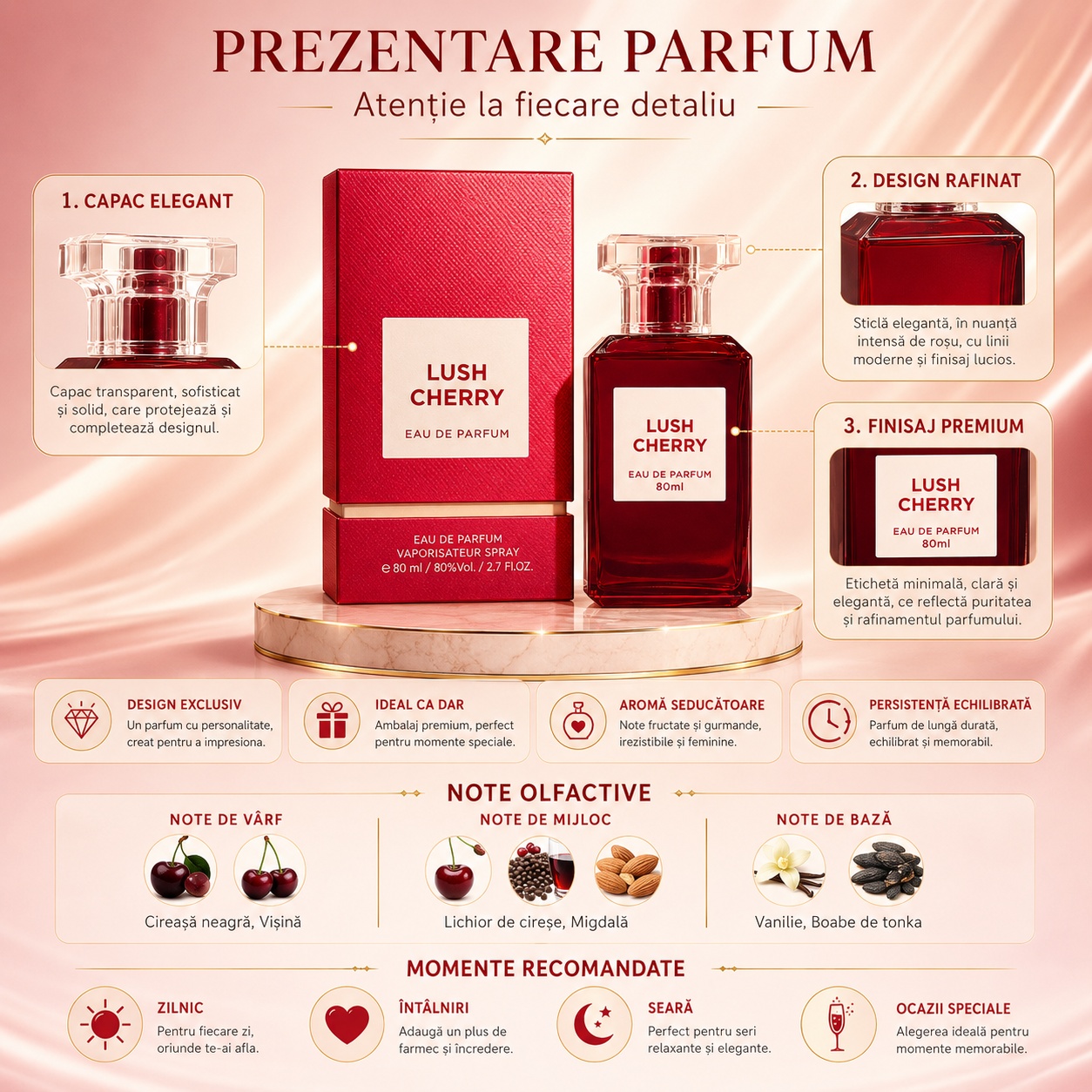 Prezentare parfum Lush Cherry Fragrance World cu detalii despre capac, design, finisaj premium și note olfactive