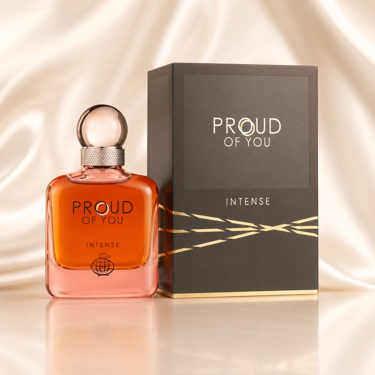 Parfum Fragrance World Proud Of You Intense 100 ml, sticlă portocalie și cutie neagră elegantă