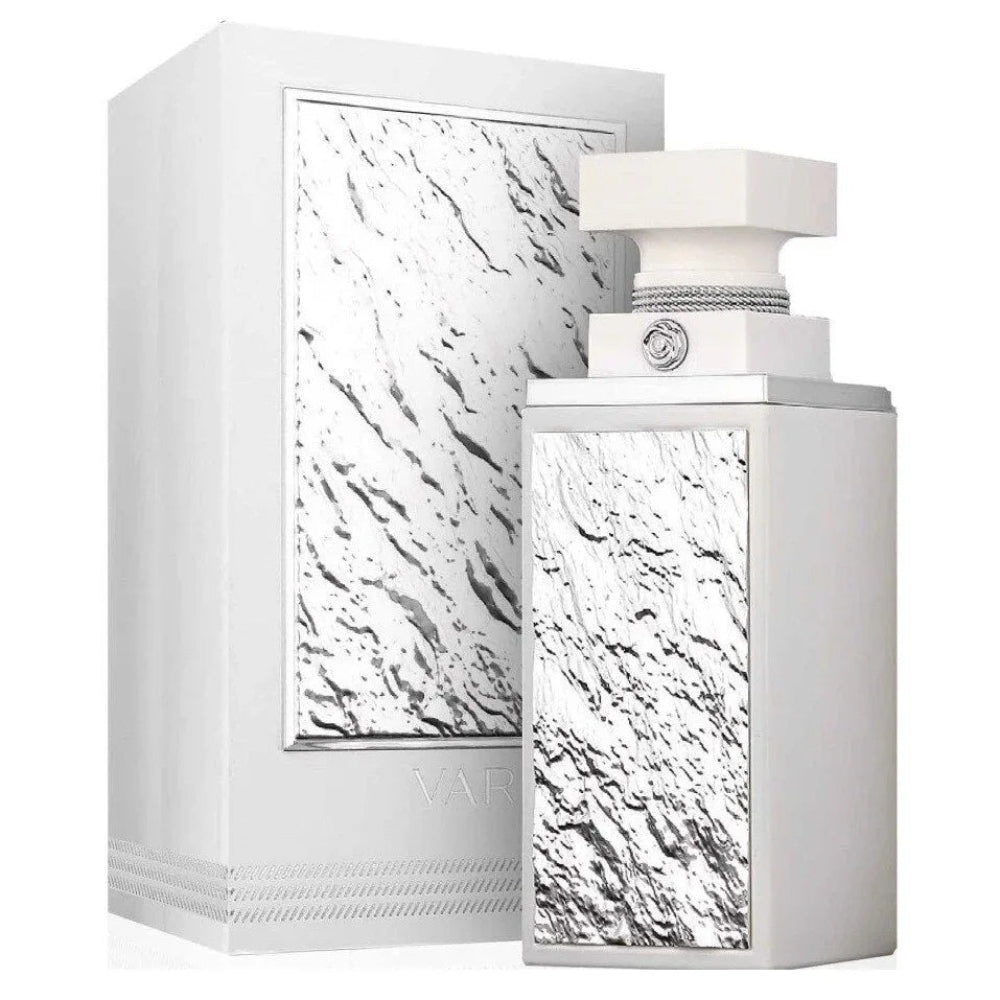 Parfum Fragrance World Varakh Silver 100 ml imagine produs pe fundal alb cu flacon și cutie