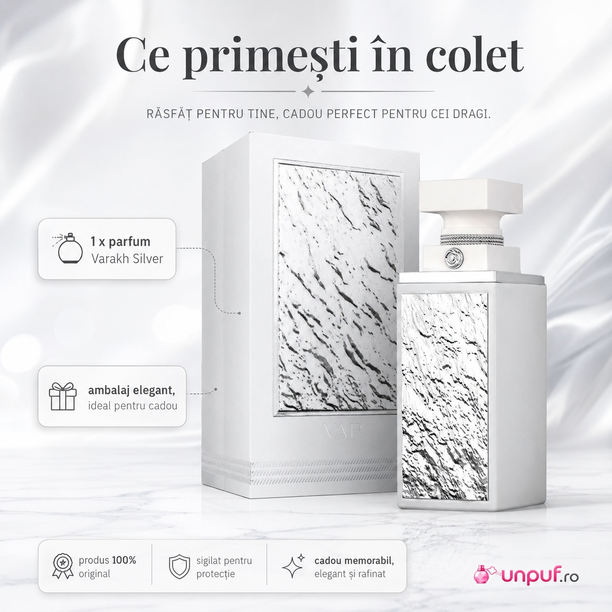 Ce primești &icirc;n colet Varakh Silver parfum 100 ml ambalaj elegant produs original sigilat și cadou memorabil