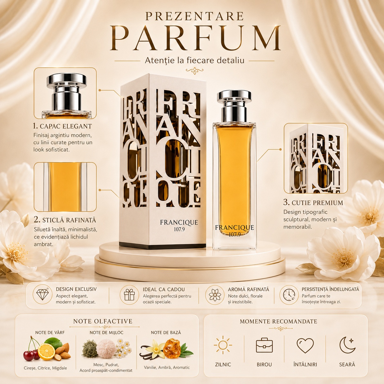 Prezentare parfum Francique 107.9 cu capac elegant, sticlă rafinată, cutie premium și note olfactive