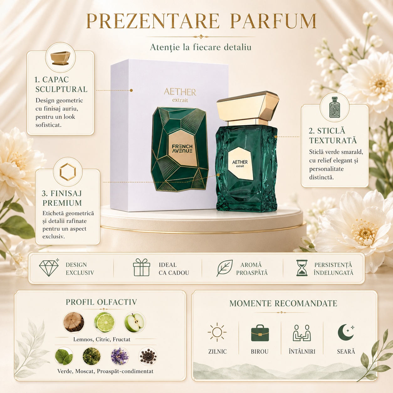 Prezentare detalii parfum Aether French Avenue cu sticlă verde, capac auriu și note fresh elegante