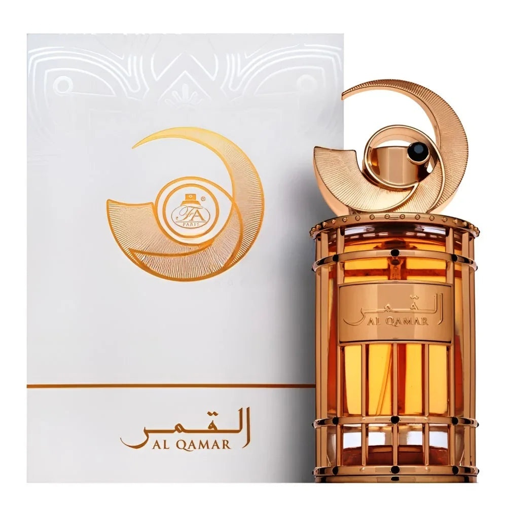 Produs real French Avenue Al Qamar 100 ml cu sticlă aurie și cutie originală albă