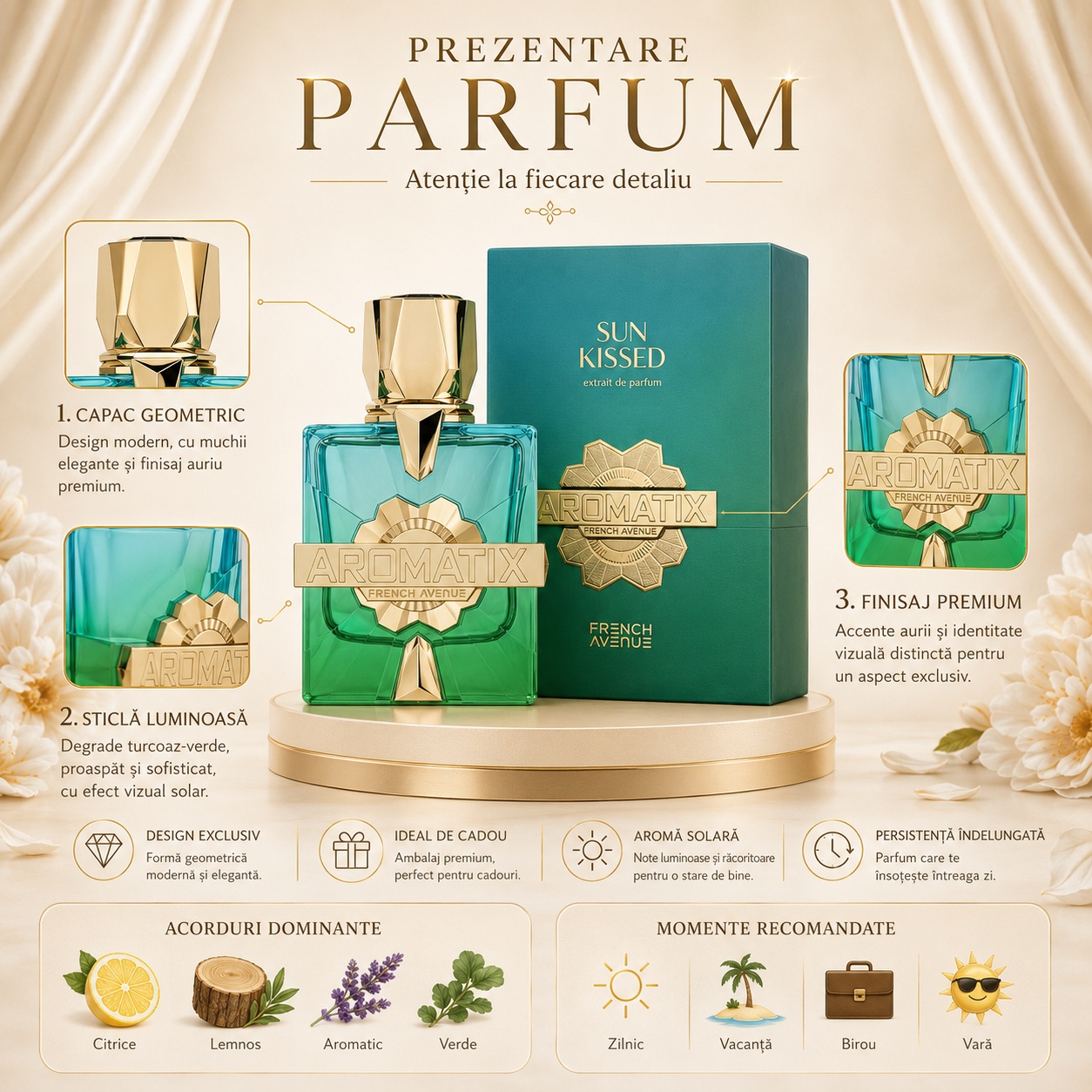 Prezentare parfum Aromatix Sun Kissed French Avenue cu detalii premium, capac geometric și sticlă luminoasă