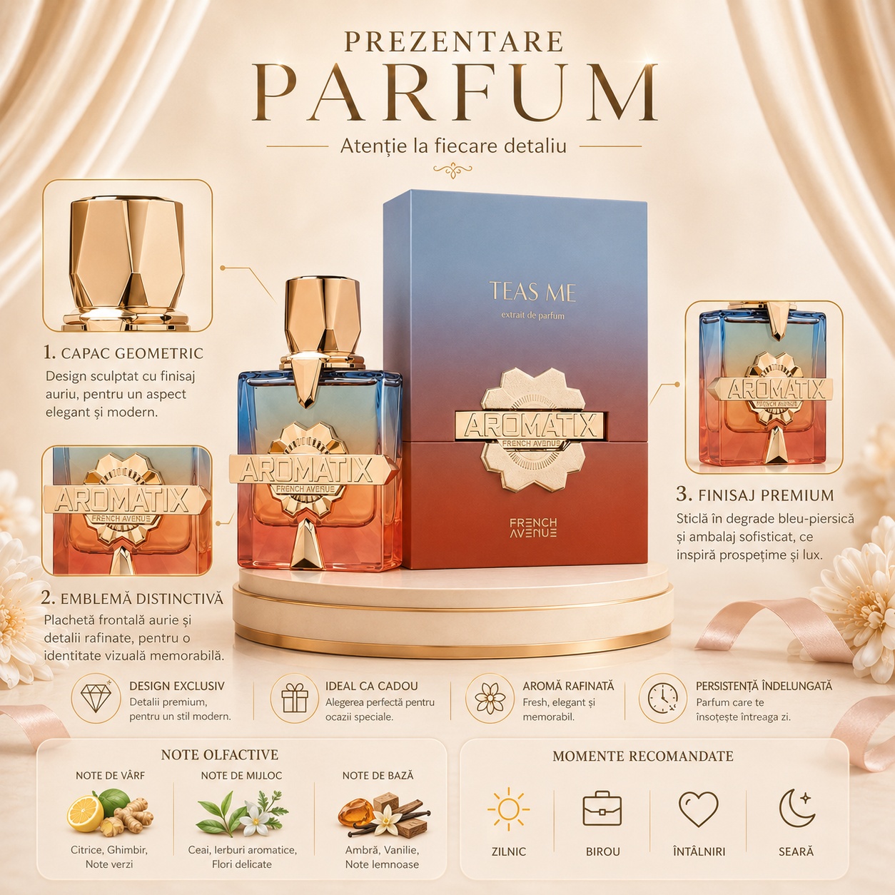 Prezentare parfum Aromatix Teas Me French Avenue cu capac geometric, emblemă distinctivă, finisaj premium și note olfactive
