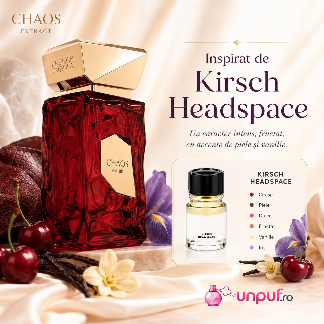 Parfum Chaos French Avenue inspirat de Kirsch Headspace cu cireșe, piele, vanilie și iris