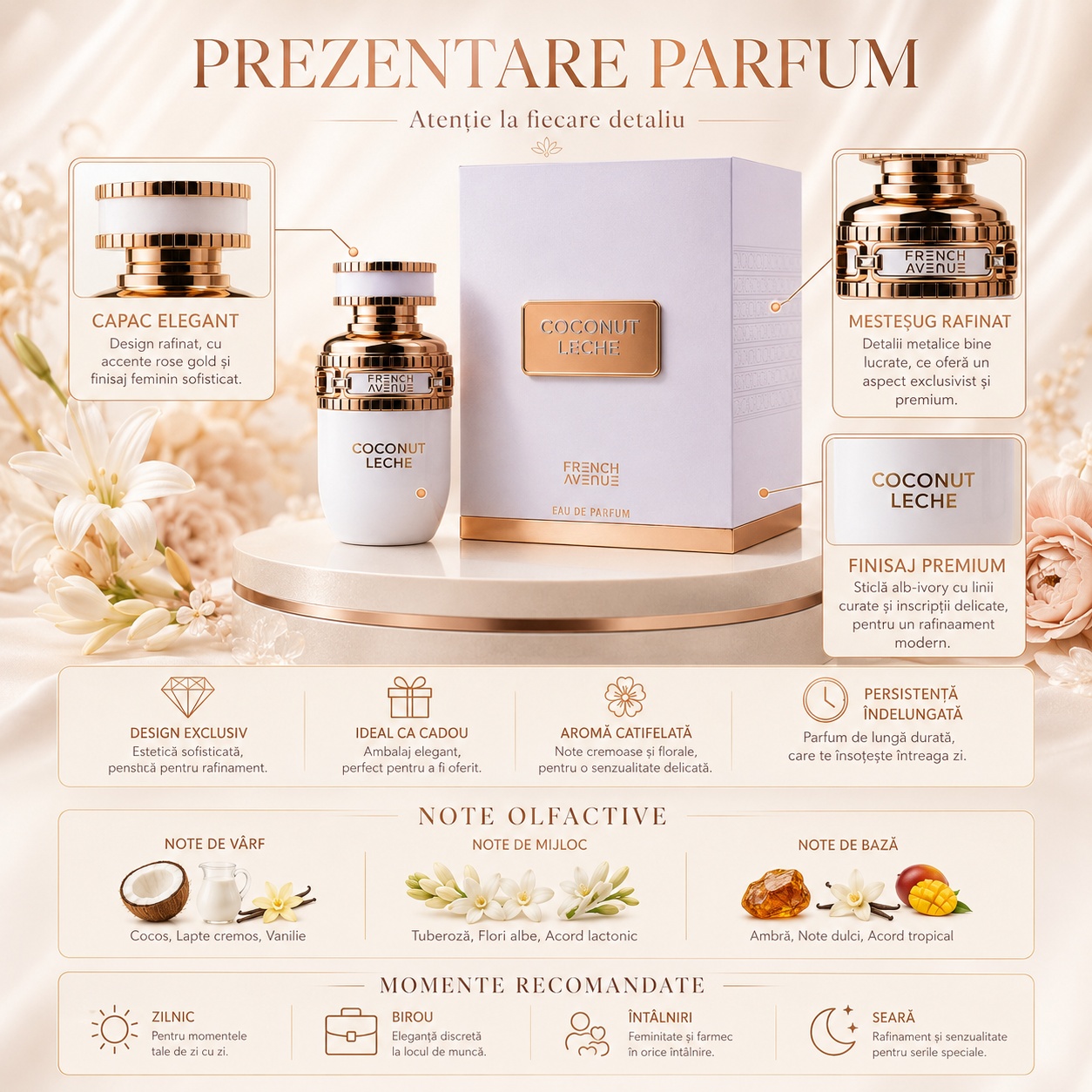 Prezentare parfum Coconut Leche French Avenue cu detalii premium, capac elegant, finisaj rose gold și note olfactive