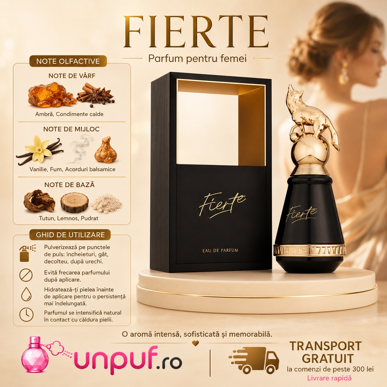 Note olfactive Fierte French Avenue cu ambră, condimente calde, vanilie, fum, acorduri balsamice, tutun, lemnos și pudrat