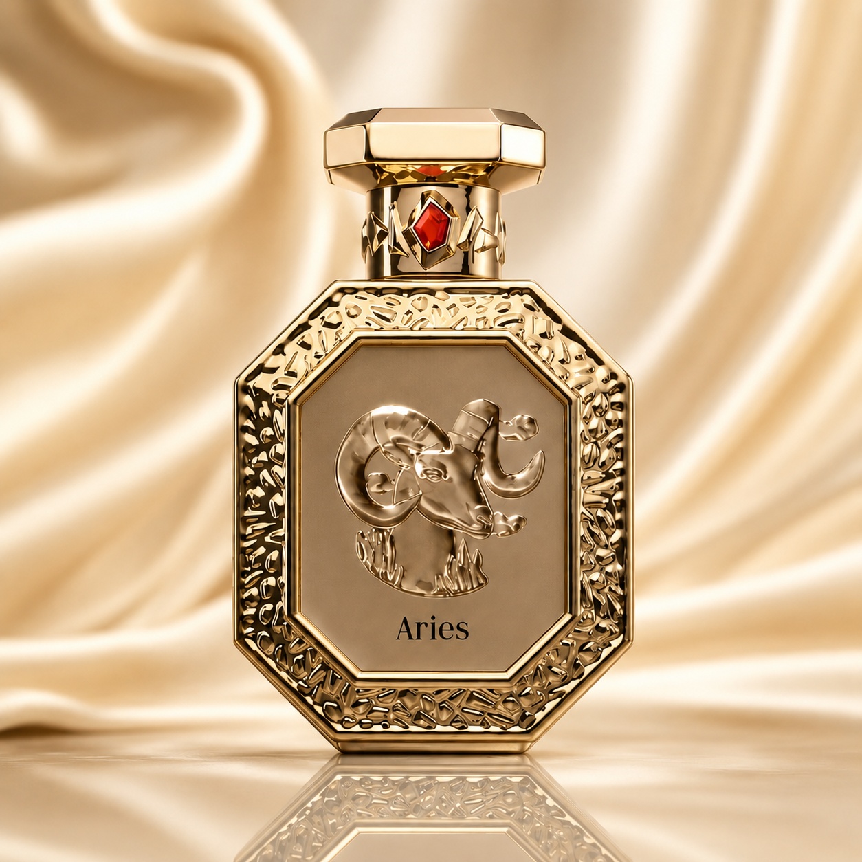 Sticlă parfum Genesis Aries French Avenue 90 ml pe fundal luminos premium cu satin auriu
