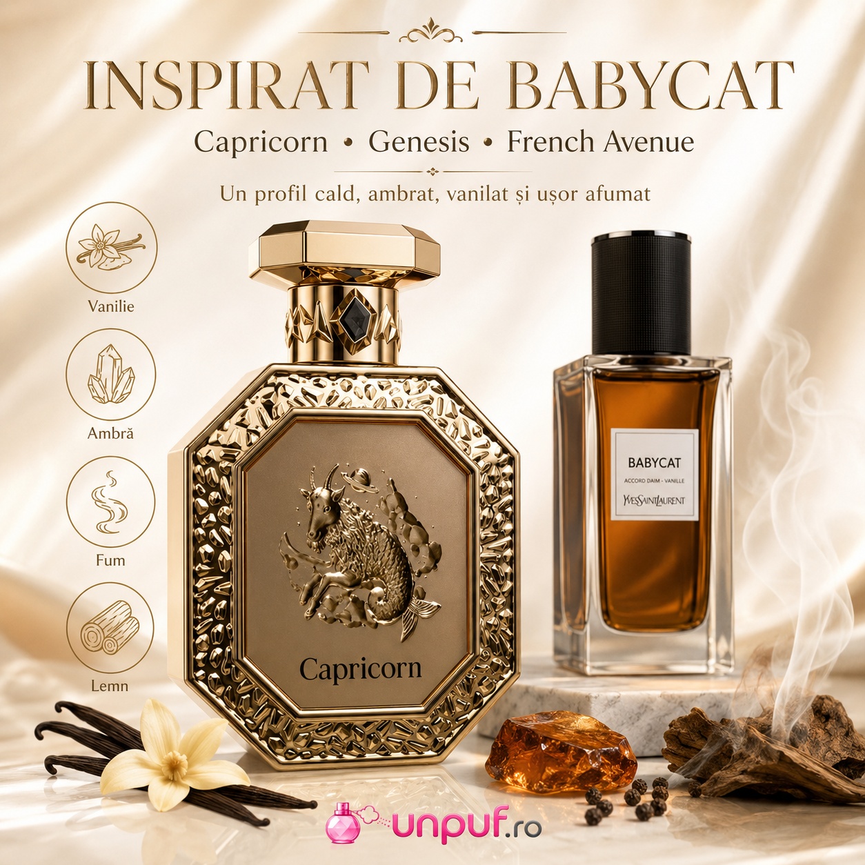 Parfum Genesis Capricorn French Avenue inspirat de Babycat cu vanilie, ambră, fum și lemn