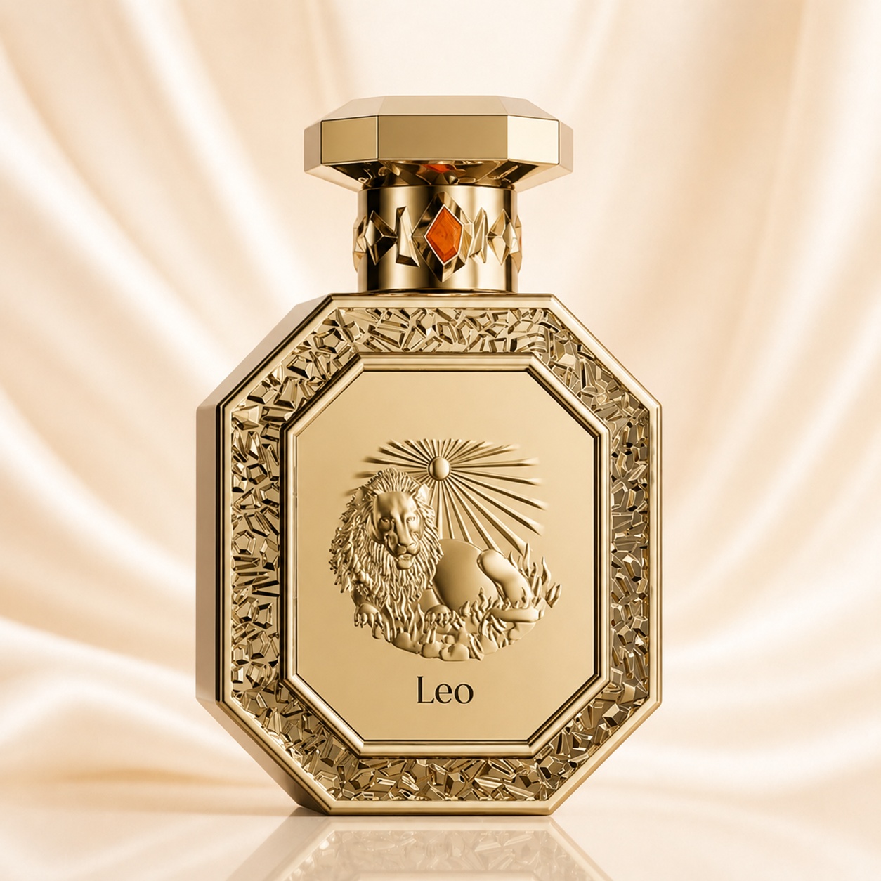 Sticlă parfum Genesis Leo French Avenue 90 ml pe fundal luminos premium cu satin auriu