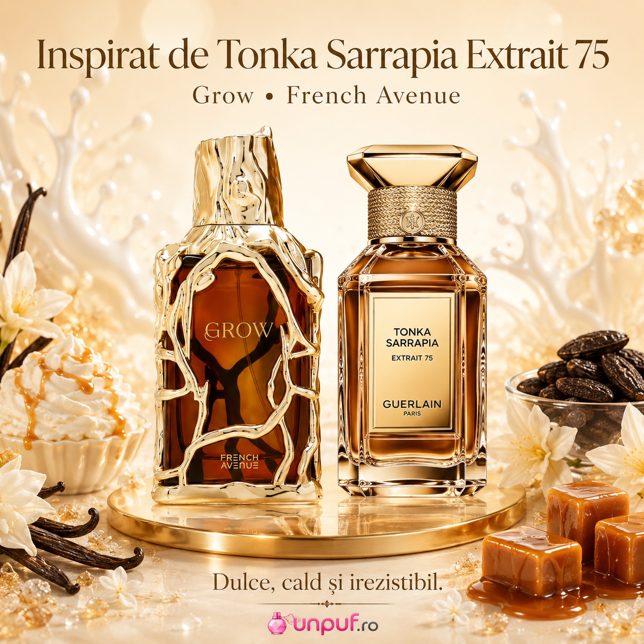 Parfum Grow French Avenue inspirat de Tonka Sarrapia cu vanilie, tonka, caramel și accente dulci