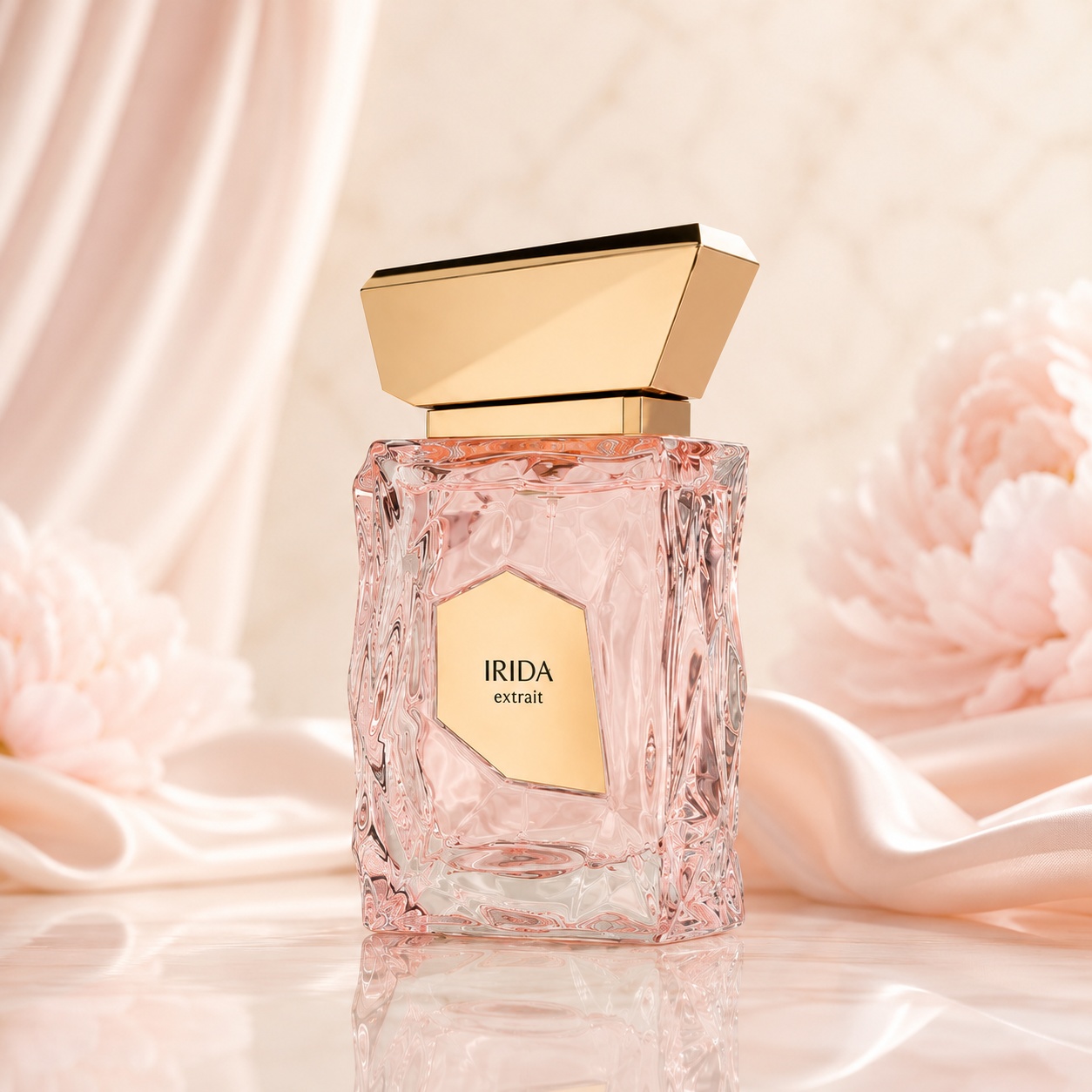 Sticlă parfum Irida French Avenue 100 ml pe fundal luminos premium cu satin roz și flori delicate