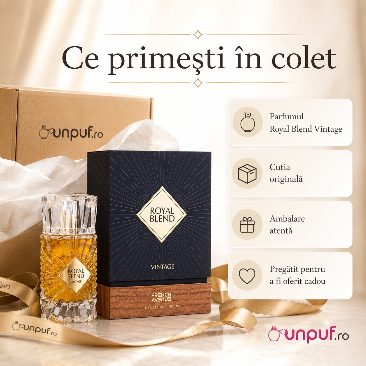 Ce primești &icirc;n colet Royal Blend Vintage French Avenue 100 ml cutie originală ambalare atentă cadou premium unpuf.ro