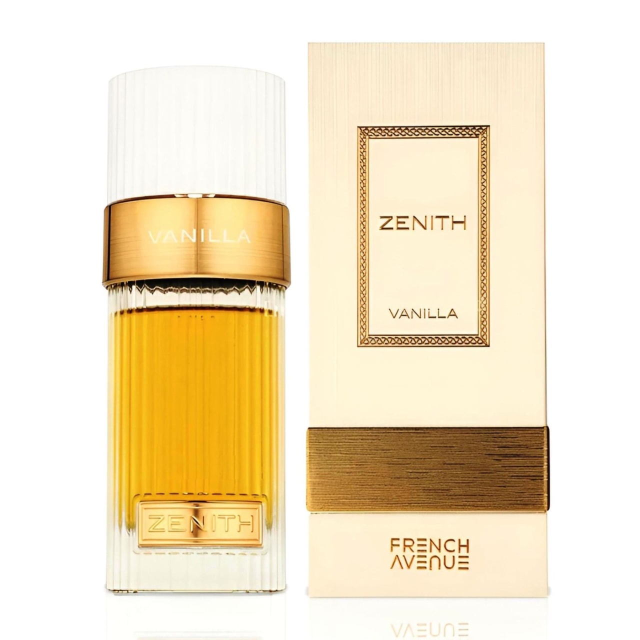 French Avenue Zenith Vanilla 100ml cu sticlă și cutie pe fundal alb, prezentare completă produs
