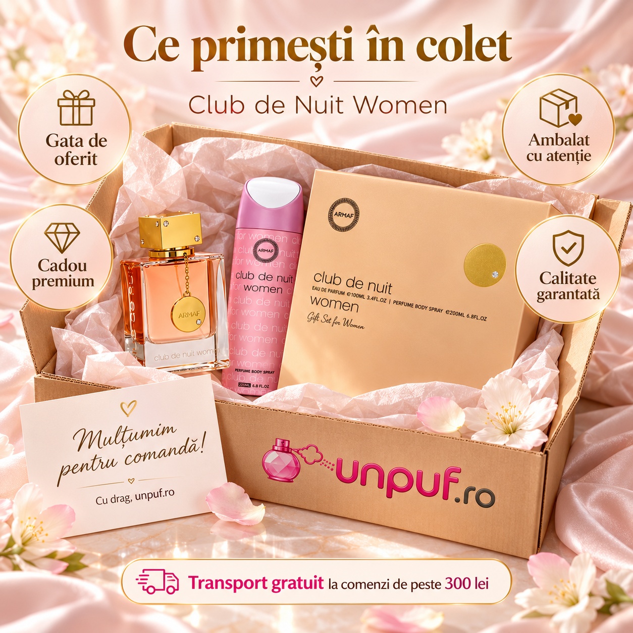 Ce primești în colet Armaf Club De Nuit Woman Gift Set 105 ml ambalat pentru cadou